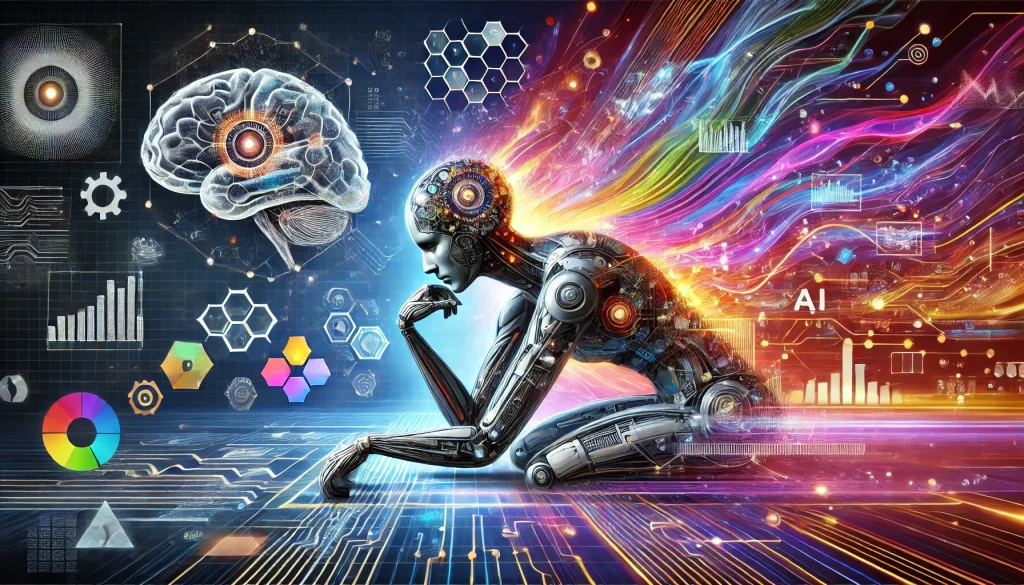 dall·e 2025 03 15 21.01.20 a futuristic and sleek illustration of artificial intelligence struggling with complex cognitive tasks. the image should show the contrast between ai